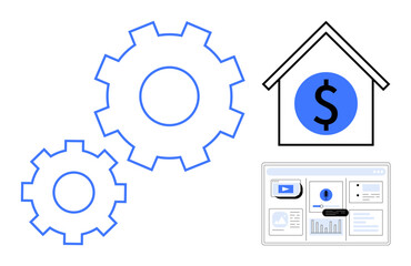 Gears represent mechanism and automation, house symbol displays dollar sign, screen portrays data and video analytics. Ideal for finance, technology, investment, optimization, workflow, real estate