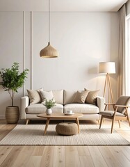 Elegant Japandi living room with natural textures and a serene neutral palette.