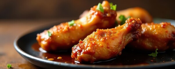 Golden brown BBQ chicken wings, glistening sauce ,  brown, bbq wings,  side dish