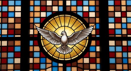 A white dove with spread wings is depicted in a radiant sunburst on a colorful stained glass window
