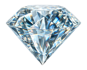 Shiny, faceted diamond with intricate cuts reflecting light, showcasing its clarity and brilliance on transparent background.