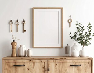 Elegant JapandiStyle Mockup with Oak Frame on a Wooden Sideboard.