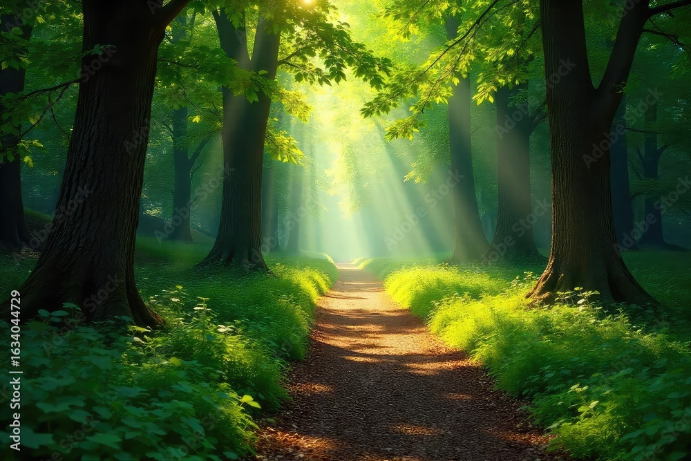 Poster sun-dappled forest path winds through lush green trees, sunlight filtering through leaves, creating 
