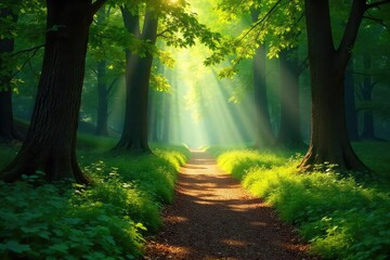 Obraz premium Sun-dappled forest path winds through lush green trees, sunlight filtering through leaves, creating a magical atmosphere Perfect for nature, travel, and fantasy themes , path, fall