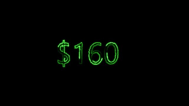 Glowing Neon 160 Dollars Text Icon Animation on Black Background | 4K Loop