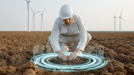 Young farmer checking soil quality with futuristic holographic interface field with wind turbines