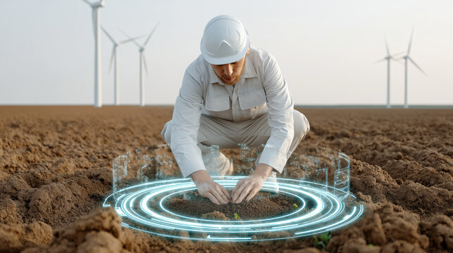 Young farmer checking soil quality with futuristic holographic interface field with wind turbines