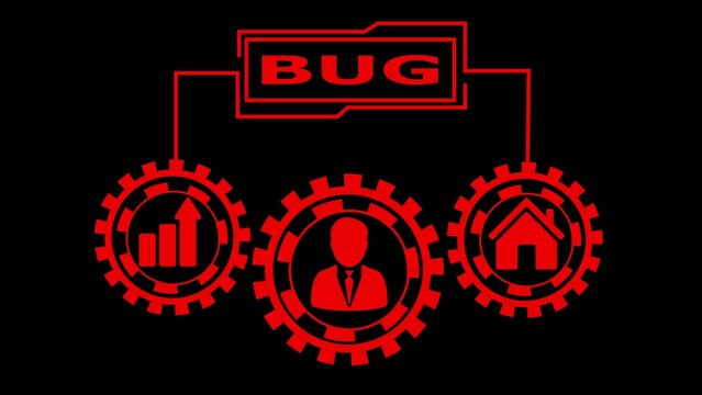 Red B U G Icon with Gear Icons and Symbols on Black Background gears