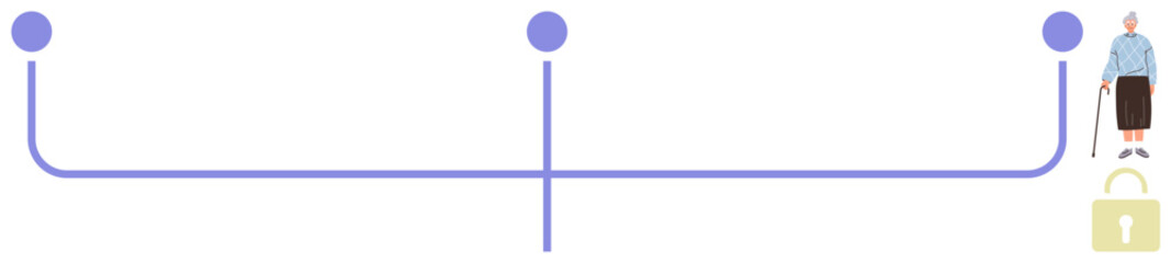 Visual network with linked points, elderly person icon, lock illustration. Ideal for data flow, connectivity, cyber security, privacy, technology accessibility system trust. Simple flat metaphor