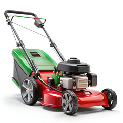 Fototapeta premium Red and green lawn mower isolated on white background for garden maintenance and yard work