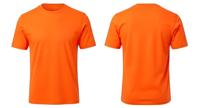 Bright orange tshirt front and back view isolated on white background