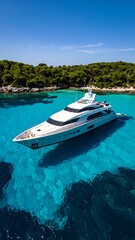 Fototapeta premium Luxury yacht anchored in a calm, clear turquoise cove, surrounded by lush greenery