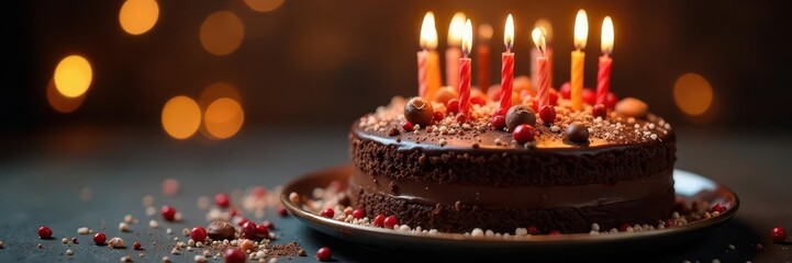 Rich chocolate cake, lit candles, festive sprinkles, pastry, candles