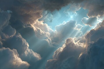 Naklejka premium Golden rays of sunlight break through thick, dark clouds, casting a mesmerizing glow in the vast blue sky above