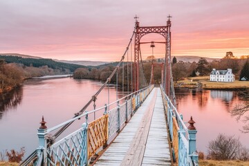 Rustic suspension bridge over river at dawn