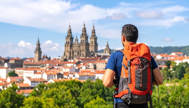 A traveler enjoying the scenic view of Santiago de Compostela Cathedral, Spain