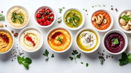 Assorted Dips and Sauces in Bowls with Fresh Ingredients Display