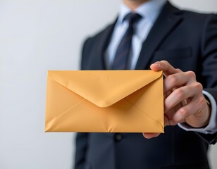 Businessman Holding Yellow Envelope in Formal Suit Against Neutral Background Showing Professionalism and Confidence in Corporate Environment