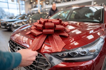 A customer, excited by a new car, examines the shiny red vehicle adorned with a large red bow in a well-lit dealership