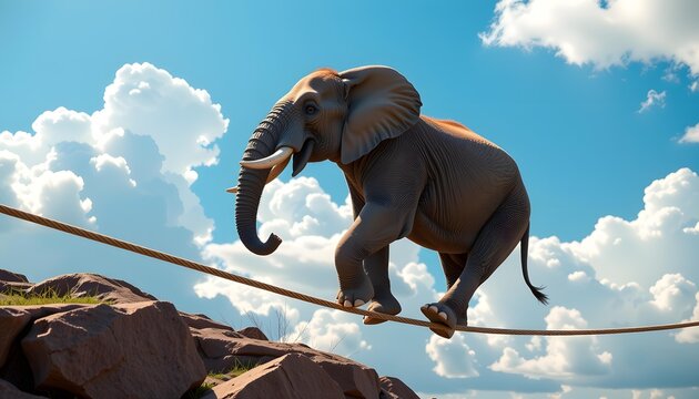 Elephant Balancing on a Tightrope Against a Bright Blue Sky with Fluffy White Clouds, Showcasing Grace and Stability in Nature - Powered by Adobe
