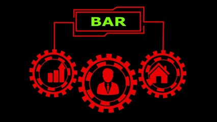 Obraz premium Red Gear Icons with Business Growth Home and Person Symbols Connected to Green B A R Text on Black Background