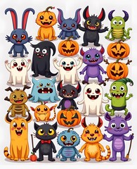 Naklejka premium Cute and Colorful Cartoon Monsters and Creatures for Halloween Celebration with Expressions of Joy and Playfulness in a Fun Setting