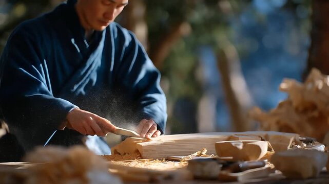 A carpenter shaping wood with chisels and tools