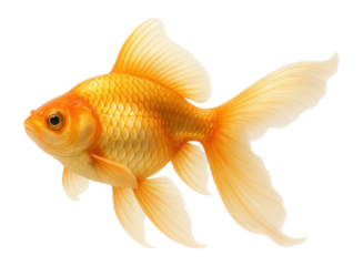 Bright golden goldfish with detailed scales and flowing fins on transparent background.