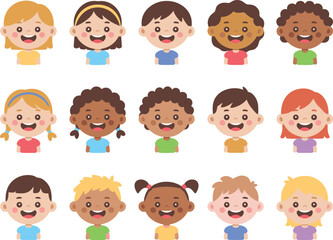 Cartoon children group, diverse hairstyles, colorful clothes, smiling faces, happy kids, playful illustration, vector character set
