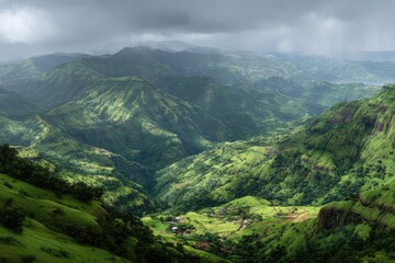 Obraz premium Lush green mountain valley, panoramic vista