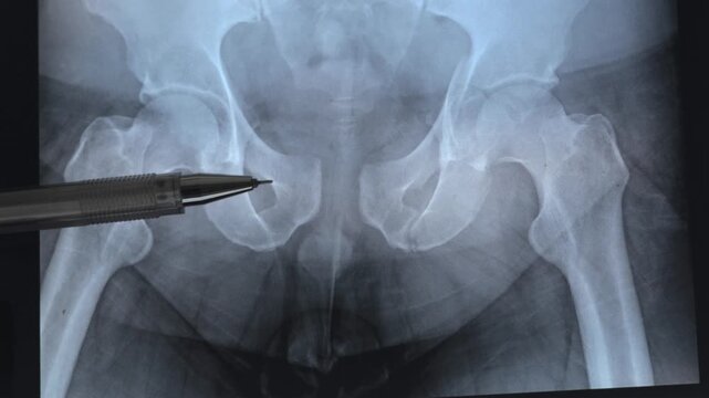 Doctor learn Medical X-ray of pelvic bones fractures after accident. 4k footage