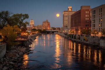 Fototapeta premium A serene river flows through the city, illuminated by a bright full moon and reflecting city lights as dusk approaches