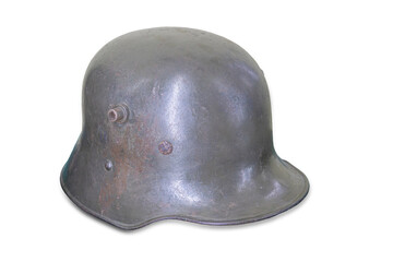 Antique military helmet, metal, matte finish, signs of wear, four rivets, ambient indoor lighting,...