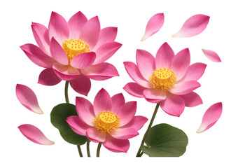 Obraz premium Delicate pink lotus flowers and petals with vibrant green leaves on transparent background.