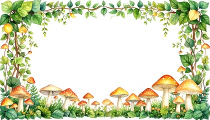 Fototapeta premium Delicate vines with soft green leaves create an enchanting watercolor forest frame above a charming field of mushrooms.