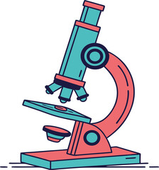 A stylized illustration of a colorful microscope with a teal body and coral pink arm and base isolated on transparent background