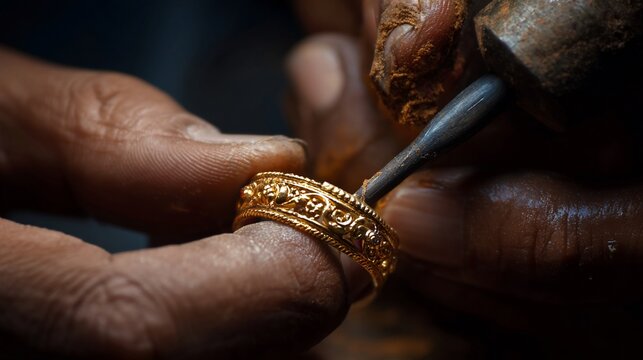Close-up of a craftsman's hands meticulously shaping a gold ring