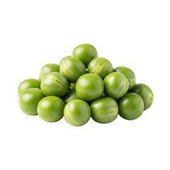 Small pile of vibrant emerald green peas, plump, glossy, subtle variations, macro close-up on transparent background, soft studio lighting, concept of fresh healthy organic produce