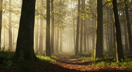 Enchanted Forest Path in Morning Mist