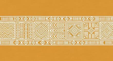 A decorative horizontal border with an ornate ethnic geometric pattern on a solid ochre background