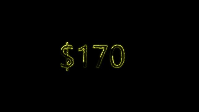 Glowing Neon 170 Dollars Text Icon Animation on Black Background | 4K Loop