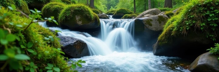 Meltwater cascades over mossy rocks, vibrant spring greenery , shadow, background