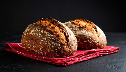 bread on the red towel on the black background 