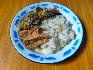 A portion of typical Indonesian mixed rice served on a classic blue and white patterned enamel plate, consisting of corn rice, a piece of dried fish, fried tempeh, stir-fry and chili sauce. Delicious 