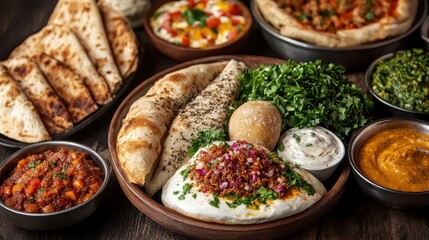 Fototapeta premium Authentic Indian Cuisine Spread with Breads and Dips for Sharing