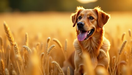 Brown dog sits amidst golden wheat, mouth open, panting , thirsty, harvest, fur