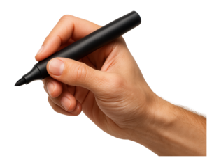 Close-up of a hand holding a black marker with a firm grip, showing detailed fingers and nails on transparent background.