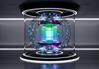 Photo of futuristic fusion reactor with glowing blue and green energy core