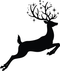 Jumping reindeer silhouette with glowing stars in its antlers, a magical Christmas and fantasy symbol, flat vector illustration on a white background.