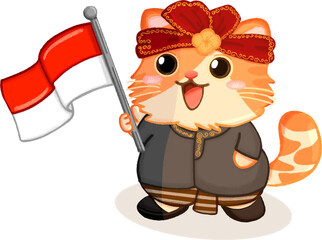 Cute Indonesian Independence Day Cat in Traditional Outfit Holding Flag - Cartoon Sticker